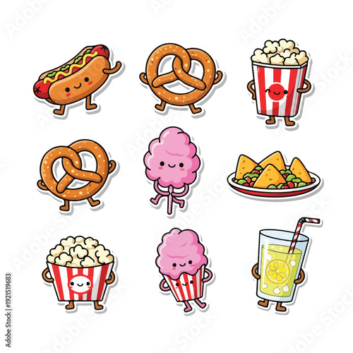 A set of colorful cartoon food stickers featuring a hot dog, pretzels, popcorn, nachos, and soda on a white background. Perfect for snacks, food illustrations, and kids' menus.
