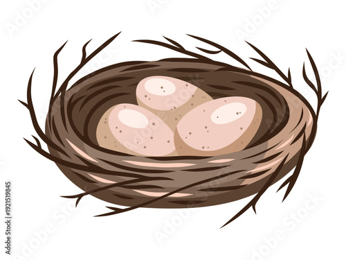 Three eggs in a nest, twigs, hay, colourful pastel illustration, easter hunt, isolated