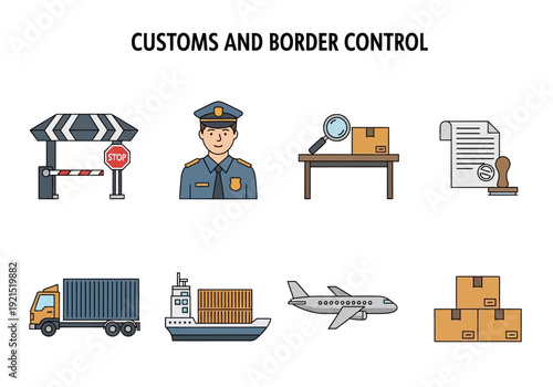 Customs and Border Control Icons Transportation, Security, and Inspection