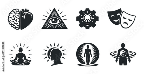 Minimal mental wellness icons arranged on dark gradient background