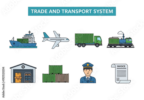 Global trade and transport systems illustrated with various modes of shipment and logistics