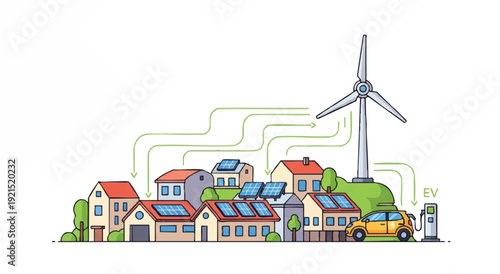 Illustration of a residential area with solar-powered homes, a wind turbine, and an electric vehicle, conveying eco-friendly living with green energy connections.
