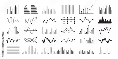 Collection of abstract line graphs and audio waveform icons showing data visualization concepts and sound waves