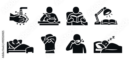 Daily personal care actions including hand washing, meals and reading