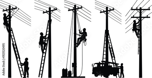Silhouette of electrical linemen repairing power lines on utility poles with ladders and bucket truck, teamwork in electricity distribution maintenance and energy infrastructure service