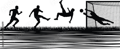 Soccer players silhouettes scoring goal with goalkeeper diving save, dynamic football match action on grass field isolated on white background illustration