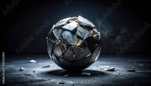 FlyPro_Firefly abstract sculpture, a dramatic photorealistic DSLR style rendering of shattered ceramic fragments reassembled into a compelling fragmented sphere.