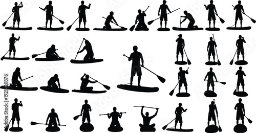 Stand up paddle boarding silhouettes collection with male paddlers in various poses, water sport activity set representing SUP training, balance and outdoor adventure concept