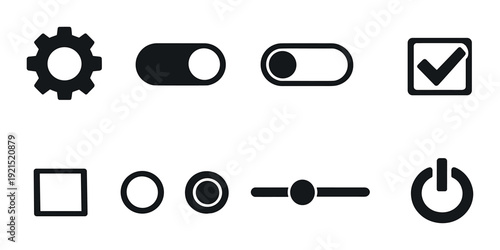 Settings and control icons in rows on dark gradient background