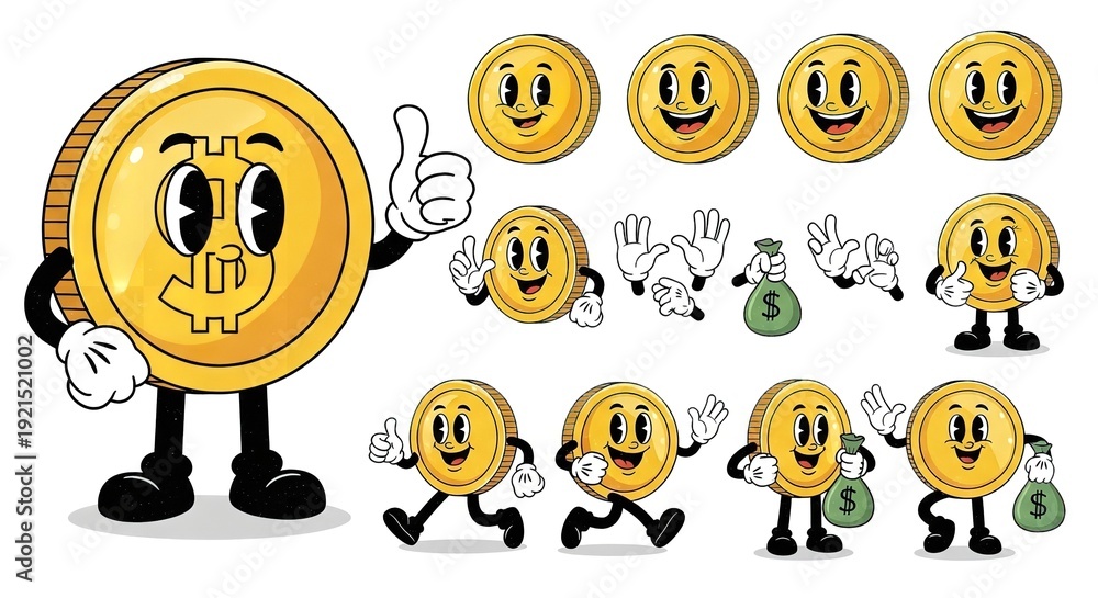 Obraz premium A cartoon coin character with various happy and playful poses and expressions.