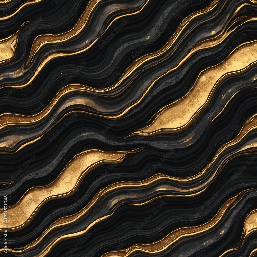 Fototapeta premium Abstract black and gold waves create a luxurious, flowing pattern. This shiny, textured design resembles marble or agate, perfect for elegant backgrounds and decor.