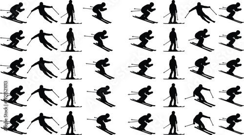 Vector silhouette collection of professional skiers in various downhill poses including racing crouch and turns isolated on white background for winter sports graphic design