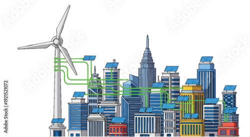 Flat illustration of a city skyline with a wind turbine and green energy connections on a white background, conveying an eco-friendly urban landscape.