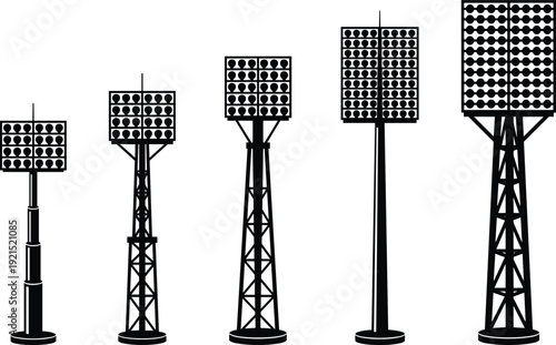 Vector silhouette collection of professional stadium floodlight towers and arena spotlight poles isolated on white background for sports field lighting and night event design