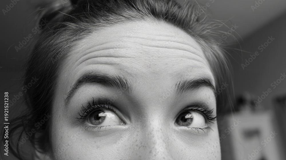 Obraz premium Young woman aging to senior in timelapse concept. Close-up of a young person looking up with expressive eyes.
