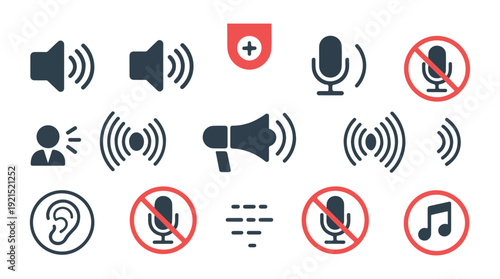 Collection of sound, voice, and audio icons. speaker, microphone, ear, music, and communication symbols