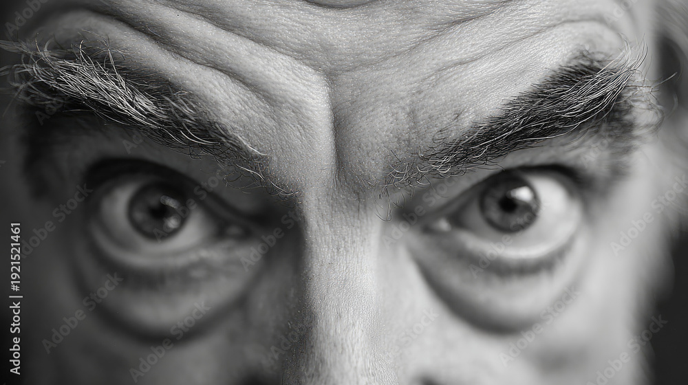Fototapeta premium Young woman aging to senior in timelapse concept. Close-up of an intense adult man's piercing gaze and expression.