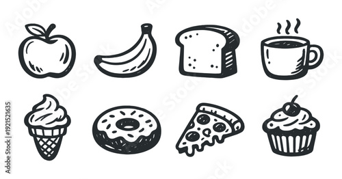 Food icons arranged in two rows on dark gradient background
