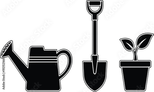 Gardening and Agriculture Tools Vector Set with Watering Can Shovel and Potted Plant Silhouette for Eco-Friendly Farming and Home Garden Concept