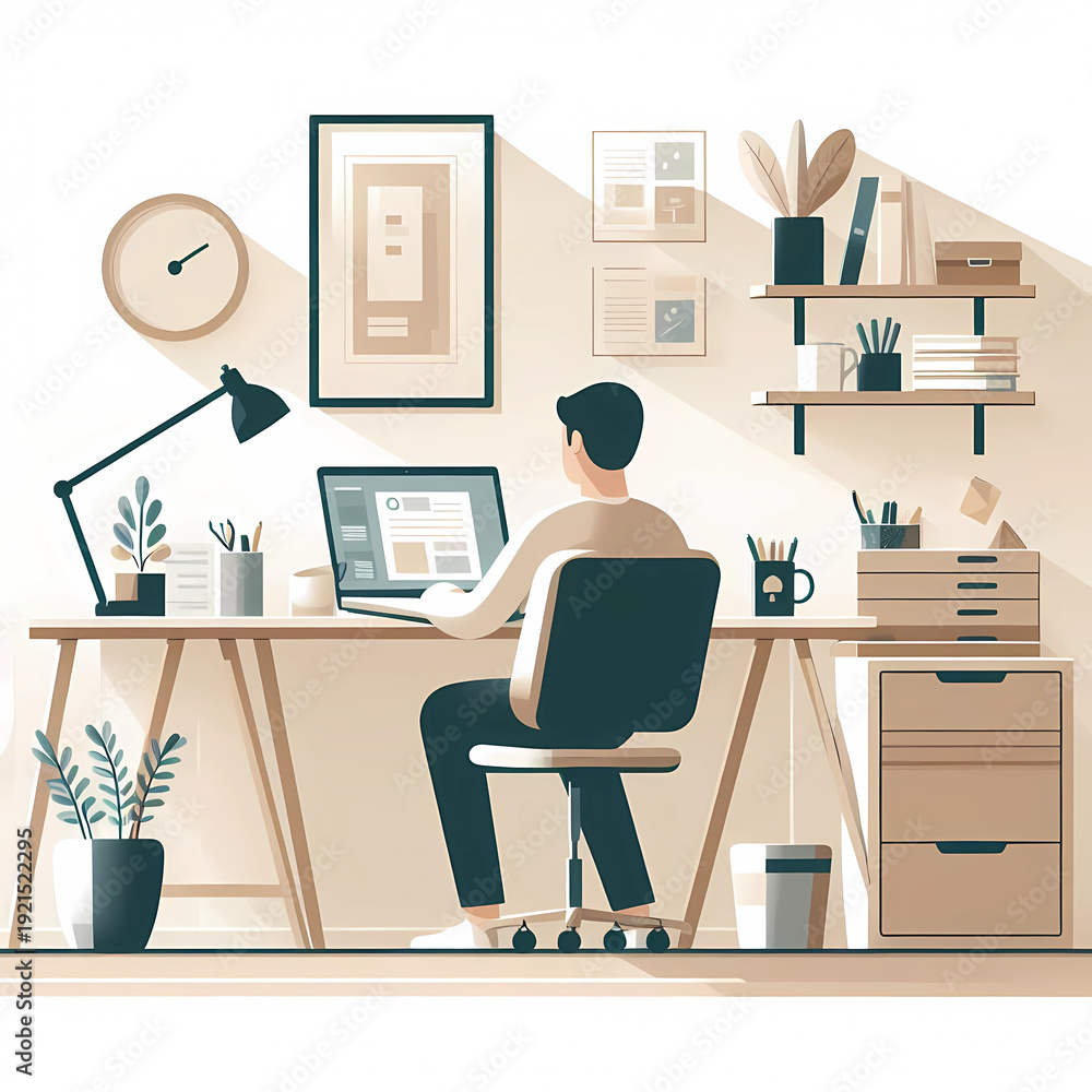 Fototapeta premium The Home Office: A modern home office workspace, perfect for remote work or studying. Featuring a person working on a laptop at a desk with desk lamp, clock and bookshelf.