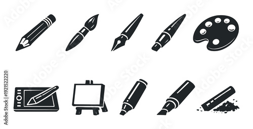 Art tools icons depicting brushes pens and palette on dark background