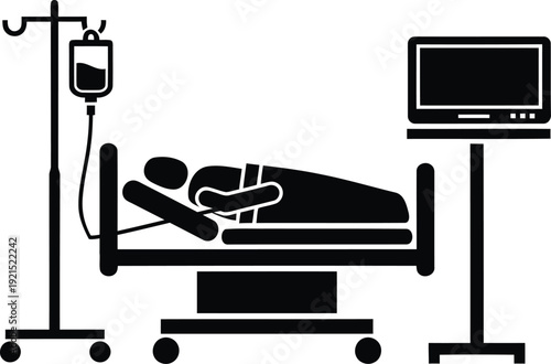 Medical Patient Treatment Vector Silhouette Showing Person in Hospital Bed with IV Drip Stand and Vital Signs Monitor Screen for Intensive Care Unit ICU Healthcare Concept