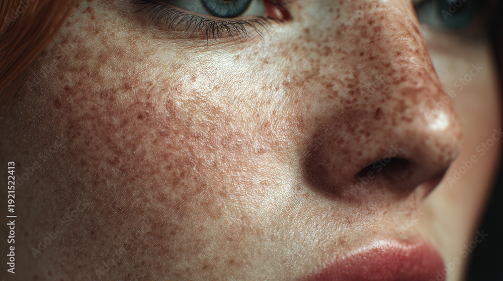 Fototapeta premium Timelapse of girl's transformation to old woman concept. Close-up portrait showing vivid freckles on a young woman's face.