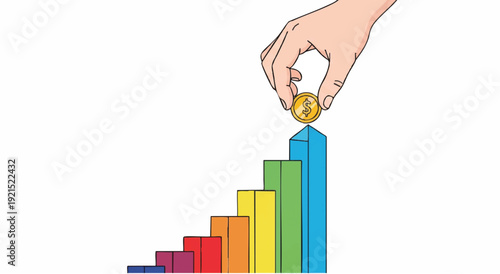 A hand placing a coin on top of a rainbow-colored bar graph on a white background with a concept of growth and finance.