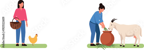 Farmers Feeding Farm Animals Illustration Woman With Chicken And Goat Rural Agriculture Vector Scene