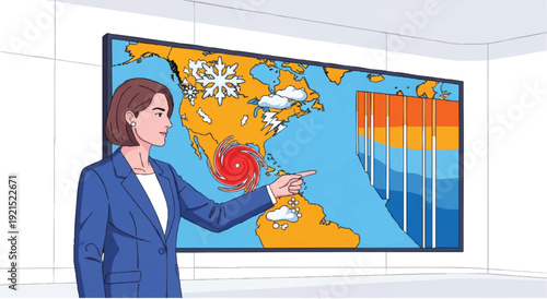 Businesswoman in blue suit presenting data on a colorful world map display in a modern room with a professional mood.