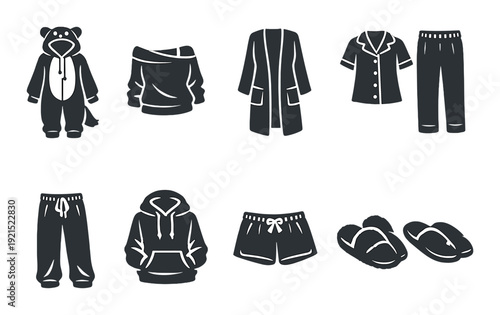 Casual clothing and loungewear icons displayed on dark background