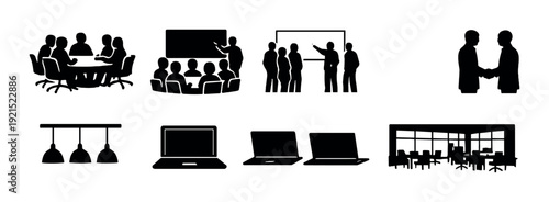 Office meetings and collaboration icons in corporate workspace