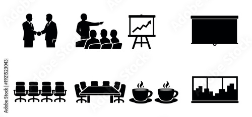 Business meeting and presentation icons on office wall