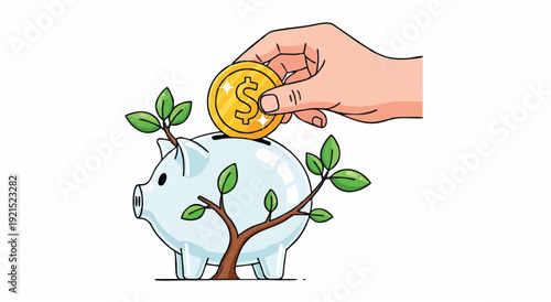 Hand putting a coin into a piggy bank with a growing plant from the top on a clean white background.