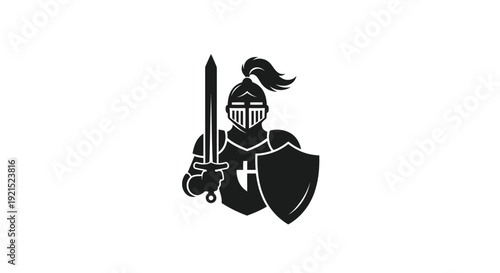 Medieval knight silhouette wielding sword and shield in black and white
