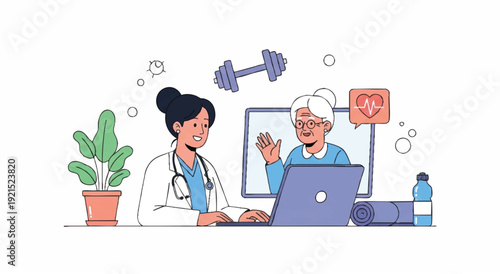 Female doctor in a white coat consulting with a senior male patient via video call on a laptop with a dumbbell and plant nearby in a clinical setting with a calming mood.