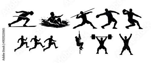Athlete silhouettes performing multiple sports on dark background