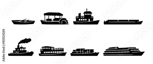 Mixed boat silhouettes arranged in two rows on gray background