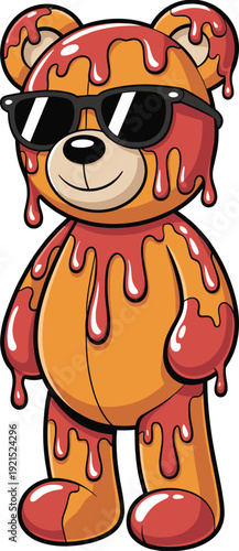 Cartoon teddy bear covered in dripping red glaze wearing black sunglasses sticky