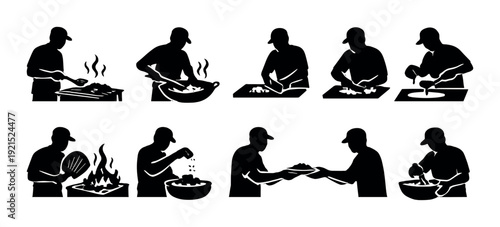 Multiple cooks preparing food at kitchen workstations