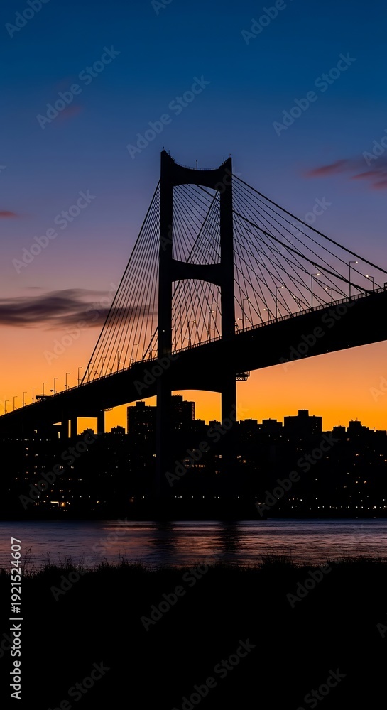 Obraz premium Silhouette of a suspension bridge at sunset.