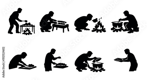 People cooking and preparing food by tables and campfire