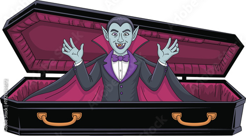 Cartoon vampire with fangs and purple bow tie emerging from open black coffin with pink lining