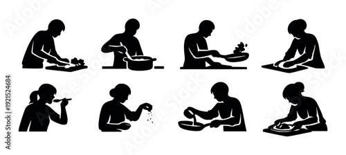 Silhouettes of cooks performing various food preparation tasks