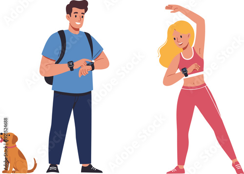 Man checking smartwatch and woman stretching with dog sitting nearby