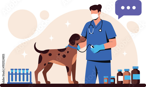 Male Veterinarian Checking Dog Health In Clinic Flat Vector Illustration Pet Medical Care Concept