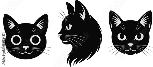Three black cat head in front view profile and three quarter view feline animal