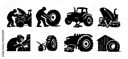 Mechanics servicing tractor engines and tires in garage symbols