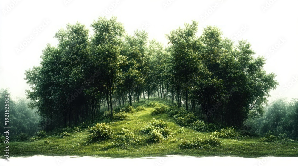 Obraz premium lush green grove on a grassy hill surrounded by morning mist, peaceful and serene