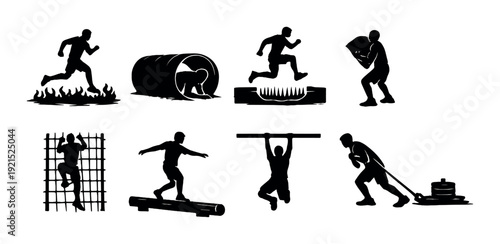 Obstacle course silhouettes showing challenges on dark background